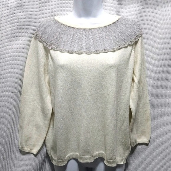 ROMANTIC Vintage Inspired Ivory SWEATER w Silver Metallic Mesh Collar Pearl L - Picture 4 of 10